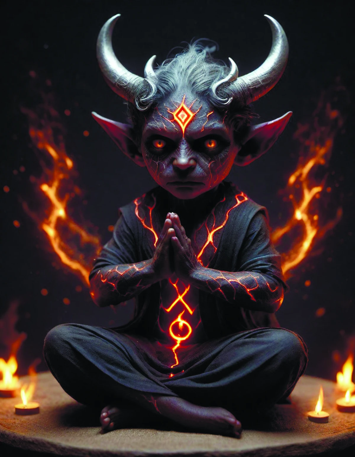 a tiny cute demon floating while meditating and wrapped scrolls,smooth,intricate,elegant,digital,power runes,pulsing energy,concept,sharp focus,octane,gonzalez,overwatch character,ian sprigger,DonMD3m0nXL <lora:DonMD3m0nXL-000010:0.8>,by diegocr,<lora:add-detail-xl:1.6>