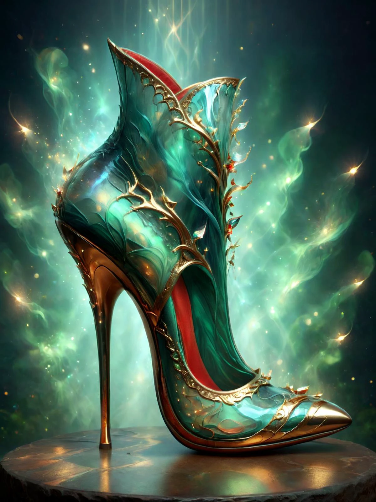 ethereal fantasy concept art of stilettos, high heels, stylish shoe design, in the style of highly detailed, gold and green theme with red accents, <lora:add-detail-xl:1> <lora:DonMD3m0nXL:1> DonMD3m0nXL <lora:LatexID_-_Ai_Heels:1> , magnificent, celestial, ethereal, painterly, epic, majestic, magical, fantasy art, cover art, dreamy, high key lighting, cinematic lighting
