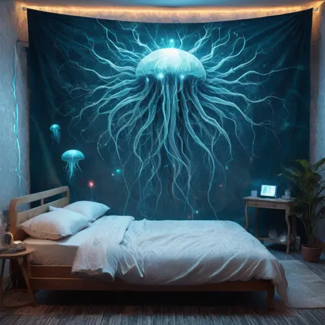 detailed DonMD3m0nXL Cybernetic Enhancement Clinic, Nanotechnology Devices,Pillows,Shower Curtain,Magic Mirror,Smartphone, Tapestry Pile Weave tapestry, Jellyfish Gene Insertion, Cove Lighting, cyberpunk, sci-fi, <lora:DonMD3m0nXL-000010:1>