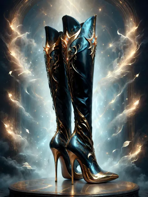 ethereal fantasy concept art of stilettos, high boots, stylish shoe design, in the style of highly detailed, black and gold theme, <lora:add-detail-xl:1> <lora:DonMD3m0nXL:1> DonMD3m0nXL <lora:LatexID_-_Ai_Heels:1> , magnificent, celestial, ethereal, painterly, epic, majestic, magical, fantasy art, cover art, dreamy, high key lighting, cinematic lighting