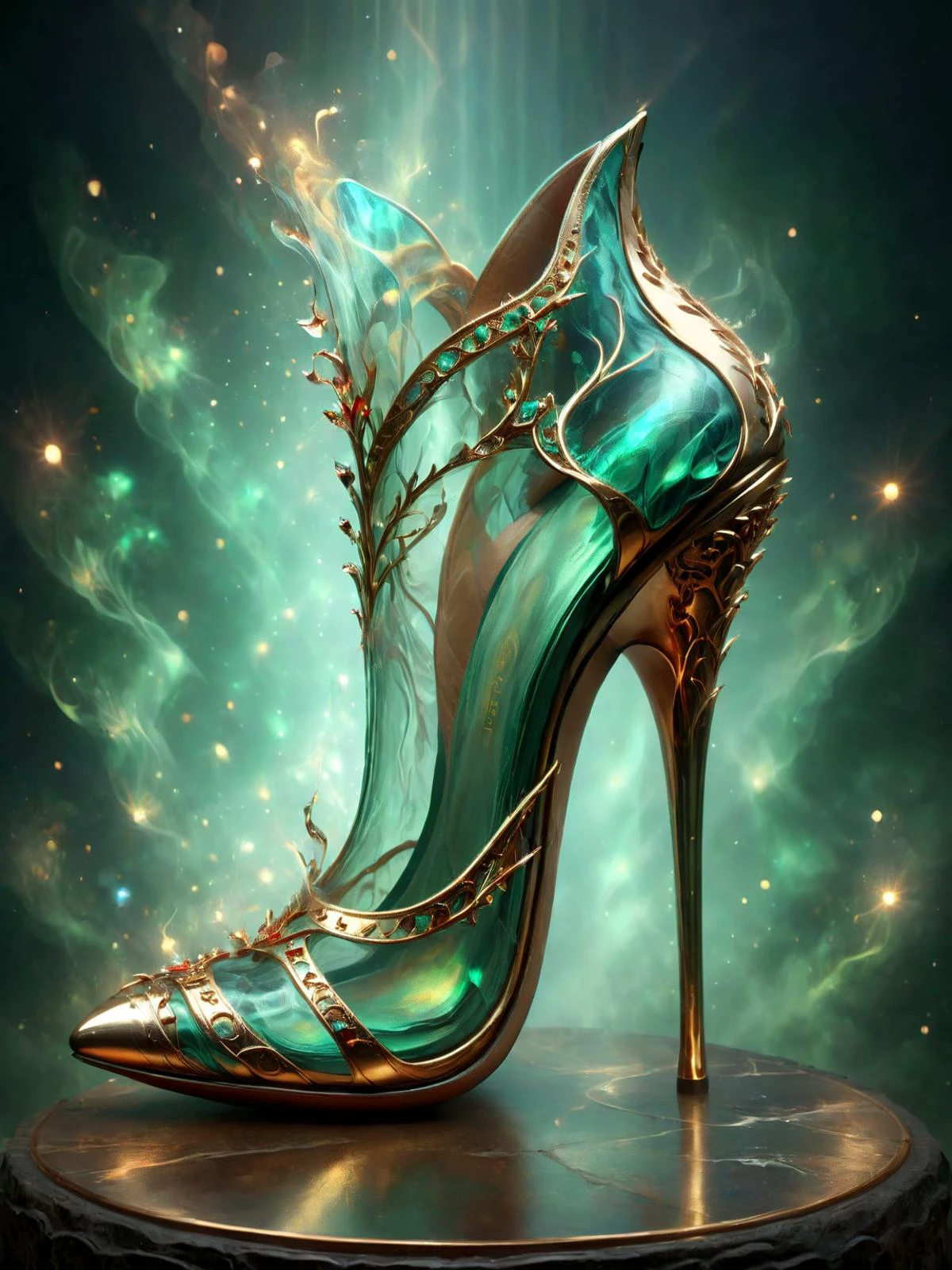 ethereal fantasy concept art of stilettos, high heels, stylish shoe design, in the style of highly detailed, gold and green theme with red accents, <lora:add-detail-xl:1> <lora:DonMD3m0nXL:1> DonMD3m0nXL <lora:LatexID_-_Ai_Heels:1> , magnificent, celestial, ethereal, painterly, epic, majestic, magical, fantasy art, cover art, dreamy, high key lighting, cinematic lighting