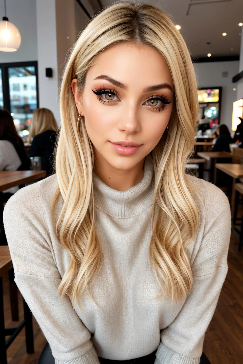 alicedelish, <lora:alicedelish_sd15_512_128_64_v1:1>, sitting in the coffee shop, (wearing edgPO pullover, edgPO), <lora:edgPullovers:1>, (wearing leggings), perfect blonde hair, modern photo, (35mm, F/2.8) Photo Focus, DOF, Aperture, insanely detailed and intricate, character, hypermaximalist, beautiful, revealing, appealing, attractive, amative, hyper realistic, super detailed, beautiful woman, ((detailed eyes)), makeup, eyeliner, long eyelashes, (glossy lips)