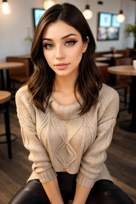 alicedelish, <lora:alicedelish_sd15_512_128_64_v1:1>, sitting in the coffee shop, (wearing edgPO pullover, edgPO), <lora:edgPullovers:1>, (wearing leggings), perfect brunette hair, modern photo, (35mm, F/2.8) Photo Focus, DOF, Aperture, insanely detailed and intricate, character, hypermaximalist, beautiful, revealing, appealing, attractive, amative, hyper realistic, super detailed, beautiful woman, ((detailed eyes)), makeup, eyeliner, long eyelashes, (glossy lips)