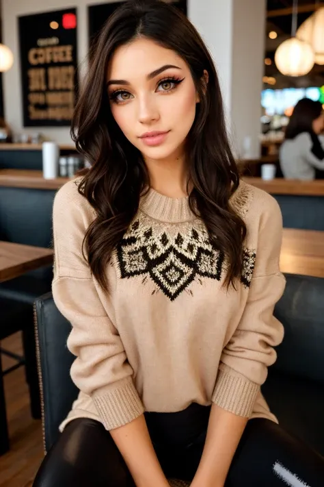 alicedelish, <lora:alicedelish_sd15_512_128_64_v1:1>, sitting in the coffee shop, (wearing edgPO pullover, edgPO), <lora:edgPullovers:1>, (wearing leggings), perfect brunette hair, modern photo, (35mm, F/2.8) Photo Focus, DOF, Aperture, insanely detailed and intricate, character, hypermaximalist, beautiful, revealing, appealing, attractive, amative, hyper realistic, super detailed, beautiful woman, ((detailed eyes)), makeup, eyeliner, long eyelashes, (glossy lips)