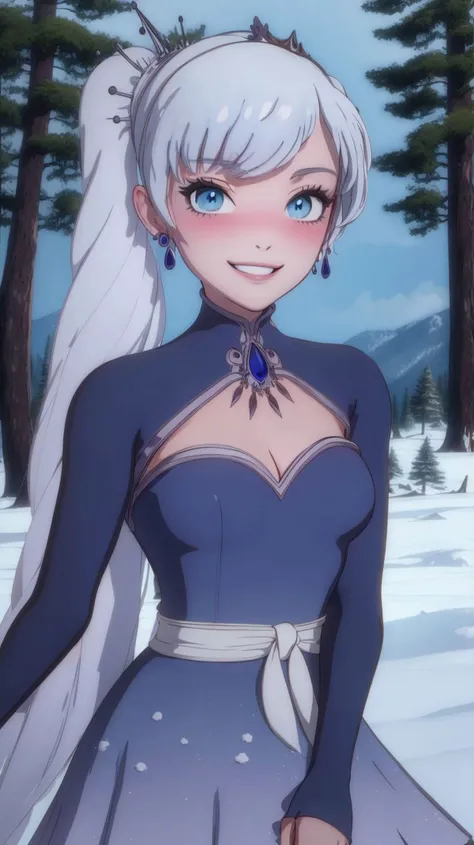 (masterpiece:1.21),(best quality:1.21),absurdres,<lora:Weiss_RWBY_AnyLora:0.8>,weiss rwby,dress,tiara,jewelry,earrings,cleavage cutout,solo,blushing,smiling,looking at viewer,upper body portrait,contrapposto,cinematic composition,snow covered forest in background,beautiful detailed eyes,<lora:w<w[S:0.3>,