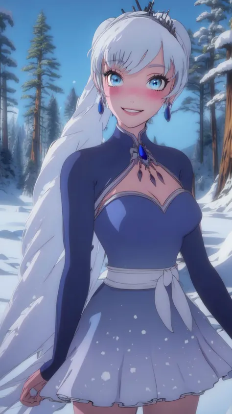 (masterpiece:1.21),(best quality:1.21),absurdres,<lora:Weiss_RWBY_AnyLora:0.8>,weiss rwby,dress,tiara,jewelry,earrings,cleavage cutout,solo,blushing,smiling,looking at viewer,upper body portrait,contrapposto,cinematic composition,snow covered forest in background,beautiful detailed eyes,<lora:w<w[S:0.3>,