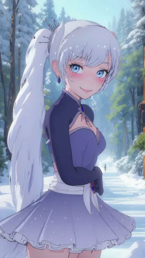 (masterpiece:1.21),(best quality:1.21),absurdres,<lora:Weiss_RWBY_AnyLora:0.8>,weiss rwby,dress,tiara,jewelry,earrings,cleavage cutout,solo,blushing,smiling,looking at viewer,upper body portrait,contrapposto,cinematic composition,snow covered forest in background,<lora:beautiful detailed eyes:0.3>,beautiful detailed eyes,