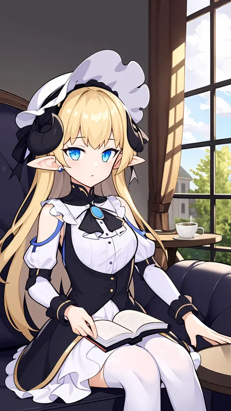 (((masterpiece))),(extremely detailed 8k wallpaper),(((best quality))),(best illumination, best shadow:1.2),(best illustration),<lora:mdy_v2:0.6>,solo,(1girl:1.4),blue eyes,blonde hair,long hair,sheep horns,white headwear,black ribbon,((upper_body)),(bangs:0.4),pointy_ears,jewelry,brooch,ascot,long sleeves,[[:â,:0.5]::0.8],white dress,black skirt,(black thighhighs:0.8),sitting,holding_book,ai is sb,ai is sb,dynamic_angle,coffee house,indoor,couch,table,window_,street,sky,
