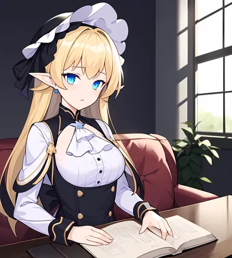 (((masterpiece))),(extremely detailed 8k wallpaper),(((best quality))),(best illumination, best shadow:1.2),(best illustration),<lora:mdy_v2:0.6>,solo,(1girl:1.4),blue eyes,blonde hair,long hair,sheep horns,white headwear,black ribbon,((upper_body)),(bangs:0.4),pointy_ears,jewelry,brooch,ascot,long sleeves,[[:â,:0.5]::0.8],white dress,black skirt,(black thighhighs:0.8),sitting,holding_book,ai is sb,ai is sb,dynamic_angle,coffee house,indoor,couch,table,window_,street,sky,