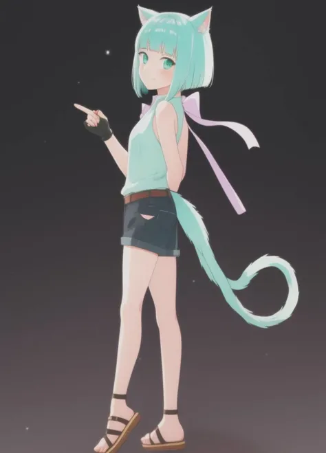 <lora:Shironeko:1.0>, Shironeko, 1girl, animal ears, aqua eyes, aqua hair, bare shoulders, belt, black background, blunt bangs, blush, cat ears, cat girl, cat tail, closed mouth, fingerless gloves, full body, gloves, green eyes, looking at viewer, sandals, short hair, short shorts, shorts, sleeveless, smile, solo, standing, tail, toeless footwear