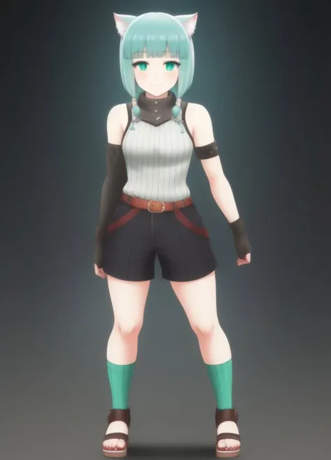 <lora:Shironeko:1.0>, Shironeko, 1girl, animal ears, aqua eyes, aqua hair, bare shoulders, belt, black background, blunt bangs, blush, cat ears, cat girl, cat tail, closed mouth, fingerless gloves, full body, gloves, green eyes, looking at viewer, sandals, short hair, short shorts, shorts, sleeveless, smile, solo, standing, tail, toeless footwear