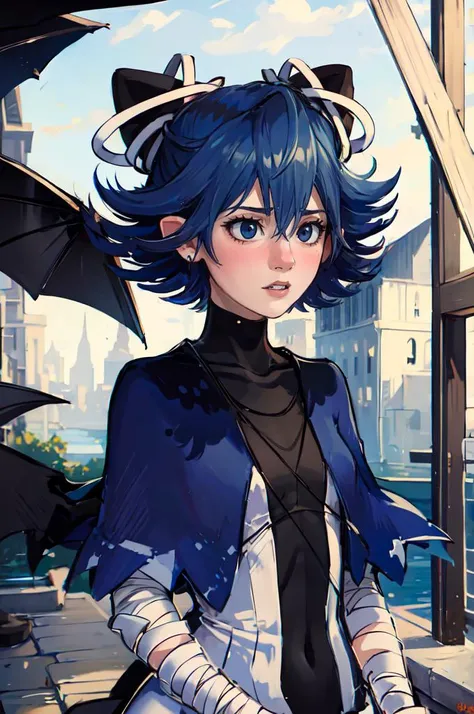 <lora:ShadmanStylev2:0.75> <lora:RtPL-Serene:1> serene_\(riviera\), blue_capelet, white_coat, black_bodysuit, black_headwear, bandages, short_hair,, ultra detailed, masterpiece, best quality,
