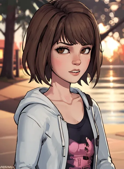 4k, fine detail, masterpiece, high quality eyes, high detail painting, soft shadows, best character art , 1 girl, half nude, open clothes, small breasts ,maxinecaufield_byammpu, bangs, brown eyes, brown hair, short hair, hoodies, looking at viewer, nose, parted lips, shirt, sunset, upper body <lora:maxinecaufield_byammpu-V1:1.0> <lyco:ShadmanStylev2:0.85>
