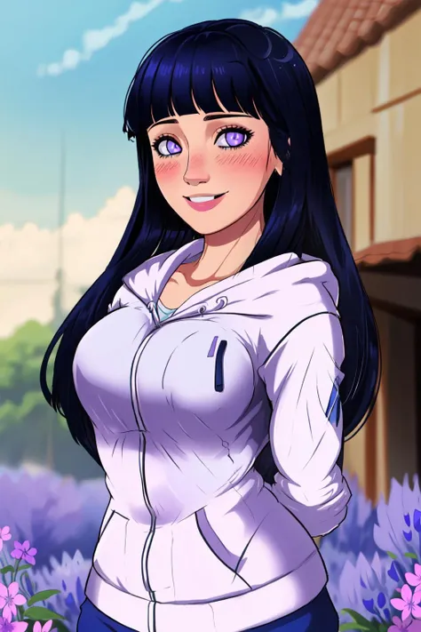 <lora:Hinata:0.6>, hyuuga hinata, empty eyes, lavender eyes, blunt bangs, dark blue hair, mature female, large breasts, white hoodie, long hair, <lyco:Shadman:1.0>, blush, smile, arms behind back