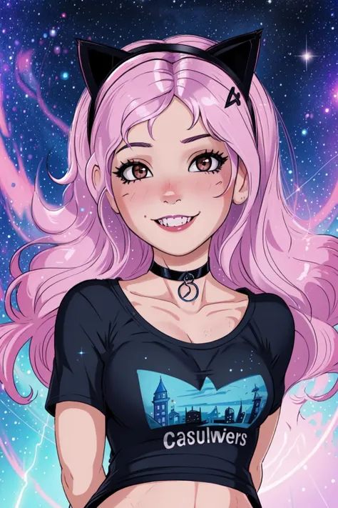 <lora:BelleDelphine:0.8>, belle delphine, black cat ears, arms behind back, blue t-shirt, mature female, pink hair, brown eyes, choker, galaxy background, volumetric lighting, light particles, upper body, looking at viewer, smile, <lyco:Shadman:1.0>