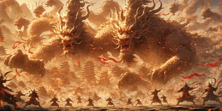 A group of ancient Chinese warriors fighting monsters, s, extreme details, masterpieces, grand scenes, myths.fengshen