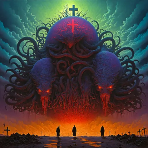 Cthulhu, lovecraft cthulhu, lovecraftian style, cult of Cthulhu, gradient color, jungle, antichrist cross, Cross of Saint Peter, dynamic pose, (digital illustration, Duy Huynh), Jackson Pollock (masterpiece, best quality, beautiful and aesthetic:1.2), cinematic, masterpiece, best quality, detailed, highest quality, ultra detailed, highres, cinematic light, splendid and colorful, out of focus, RAW photograph, art portrait, high contrast, colorful, highest details, neon color, red bloody veins growing and intertwining out of the darkness, oozing thick red blood, veins growing and pumping blood, vascular networks growing, connecting, expanding, red veins everywhere, zdzislaw beksinski, a mind flayer, (Muted colors:1.1), (Repetition:1.1), (Cross-hatching:1.1), (Infrared:1.2), Rust, Sphere, ultra detailed, intricate, oil on canvas, ((dry brush, ultra sharp)), (surrealism:1.1), (disturbing:1.1), beksinski style painting, sparks, lens flare, rim lighting, backlighting, Bracelet, RTX, Post Processing, satanic cross, (masterpiece, detailed, highres:1.2), zdzislaw beksinski, Giger style, beksinski style, satan cross, inverted cross, satanism, Post-apocalypse, futuristic, bright neon clouds, best quality, high resolution, alien, giger, viscera, post, peeled flesh, broken creature, a dangerous looking sprinkled robot bright neon blood on top of a table with a alien head, high contrast, sharp purple neon, in the style of giger in the hole, deep contrast, hyperrealism, hyper realistic color photo, realistic photography, ultra realistic, biomechanical, biomechanism, ((hnsrdlf style)), detailed reflections, dark atmosphere, gothic art, futuristic, realistic blood, realistic reflections, RTX graphic, HDR, ultra detailed, real bloodied photo, award winning glamour photograph, photorealistic
