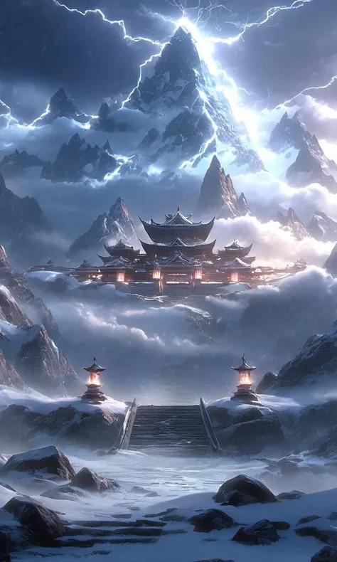 Arien view, view is a beautiful scenery of the mountains, sky, cloud, and snow-covered trees. In the fantasy world, lightning shines brightly from the clouds, casting a warm glow over the outdoors. The sound of snowflakes falling adds a winter touch, while the sight of the majestic mountains takes your breath away.