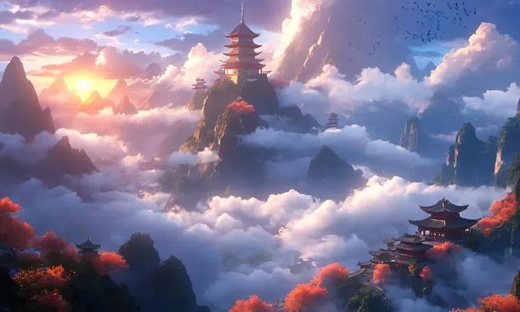 Arien view is a beautiful scenery of the mountains and clouds. The sky is a bright blue with the sun shining brightly. As you approach the sunset, the colors change from orange to red, creating a stunning visual effect. The outdoors are beautiful and peaceful, with the sound of birds chirping in the distance. In this fantasy world, there are buildings and cities that are tall and. It's a great place to visit and enjoy the beauty of nature.