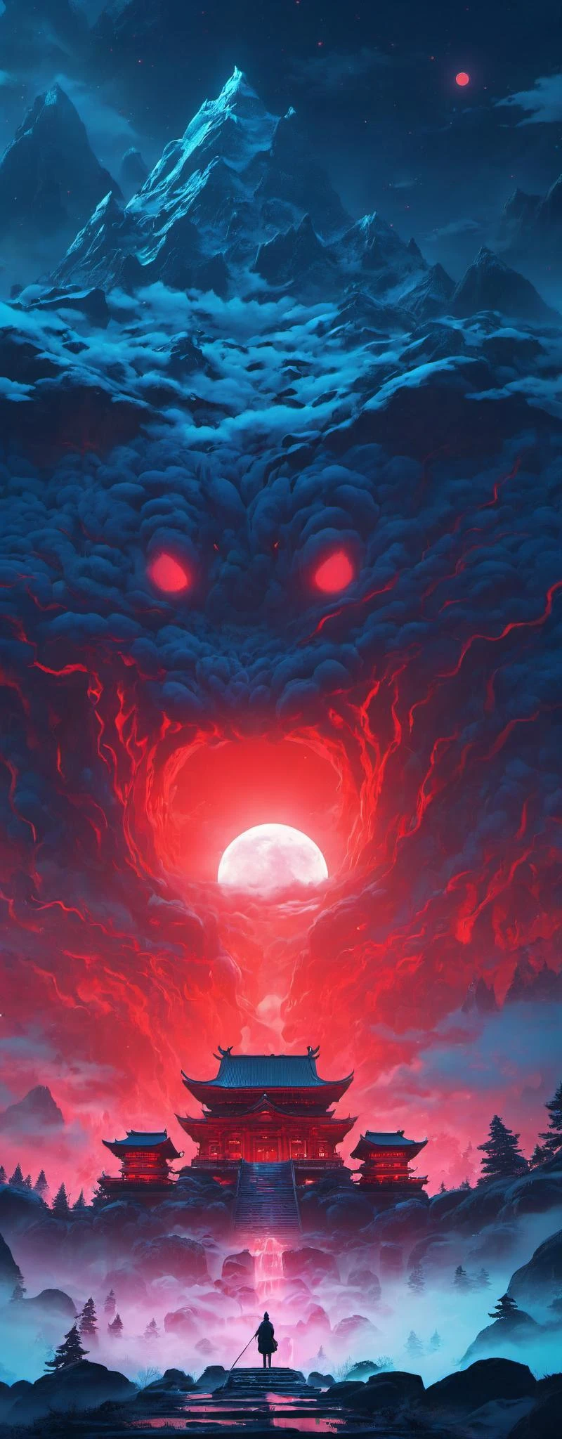Scif vibes. Otherworldly. Cinematic. Ominous mountain, digital art, inspired by Cyril Rolando, digital art, blood red moon, forest, Japanese temple, beeple and jeremiah ketner, symmetrical digital illustration, realism | beeple, over detailed art, music album art. Creepy