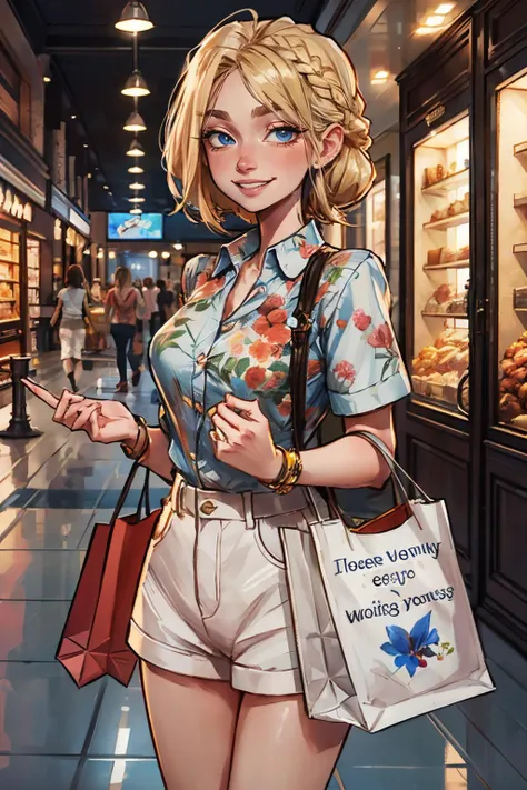 astridWaifu, blue eyes,short blonde hair, braided hair, floral shirt, white shorts, button shirt, looking at viewer, smiling, teeth, standing, holding shopping bag, inside mall, bright lighting, high quality, masterpiece, <lora:Astrid_Character:.7>