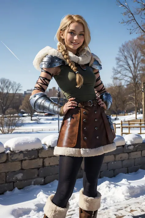 astridWaifu, blue eyes,short blonde hair, braided hair, armor, pantyhose,looking at viewer, serious, smiling, standing, hands on hips, outside, park, snow, winter, blue sky, high quality, masterpiece, <lora:Astrid_Character:.7>