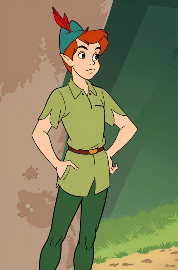 disney style, <lora:PeterPan:0.8> 1boy, peter pan, short hair, orange hair, green pants, green collared shirt, short sleeves, belt, brown footwear, hands on hips, hat feather, male focus, pointy ears, solo, 
(masterpiece:1.2) (best quality:1.2) (clean lines) 
good eyes, looking straight, very detailed, hd, 8k, trending, professional, symmetrical, hires, detailed iris pupils, (upper body:1.8)