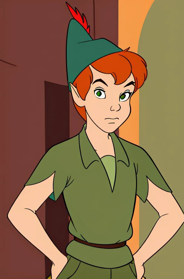disney style, <lora:PeterPan:1.0> 1boy, peter pan, short hair, orange hair, green pants, green collared shirt, short sleeves, belt, brown footwear, green hat, hands on hips, hat feather, male focus, pointy ears, solo,
(masterpiece:1.2) (best quality:1.2) (clean lines)
good eyes, looking straight, very detailed, hd, 8k, trending, professional, symmetrical, hires, detailed iris pupils, (upper body:1.8)