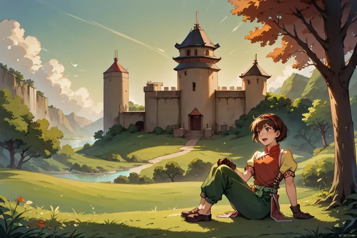score_9, score_8_up, score_7_up, score_6_up, (source_anime)
BREAK
<lora:Nanami_XL:0.8>, short hair, brown hair, headband, chinese clothes, red shirt, short sleeves, yellow sleeves, green pants, gloves
BREAK
sitting near a castle wall, outdoors, grass, tree, (sunset), warm hues, <lora:Anime Summer Days 2 StyleXL:0.6>, (scenery:0.45)