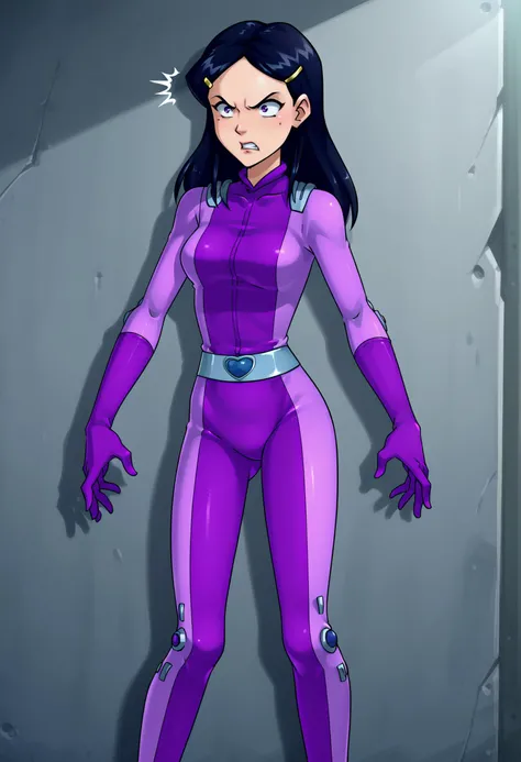 score_9, score_8_up, score_7_up, BREAK source_anime, 1girl, solo, mandy \(totally spies\), long hair, black hair, purple eyes, hairpin, purple bodysuit, belt, determined, perspective, slums <lora:hskc-mandy-pony-v0.5-000008:1>