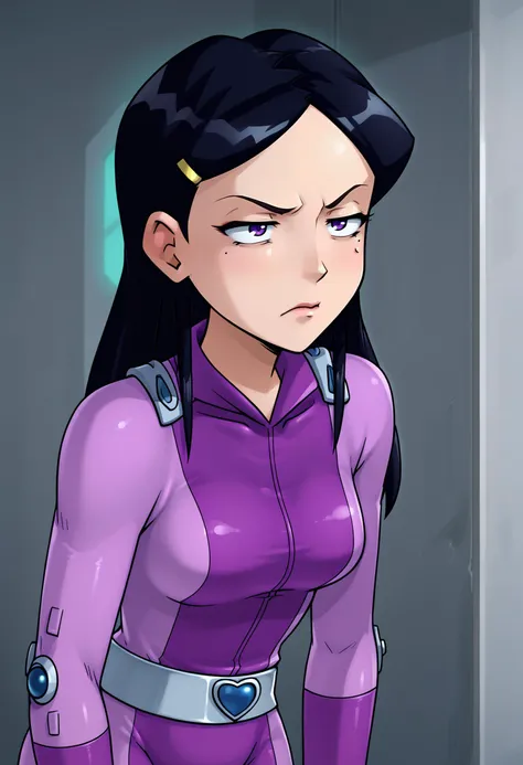 score_9, score_8_up, score_7_up, BREAK source_anime, 1girl, solo, mandy \(totally spies\), long hair, black hair, purple eyes, hairpin, purple bodysuit, belt, tired, face focus, winter <lora:hskc-mandy-pony-v0.5-000008:1>