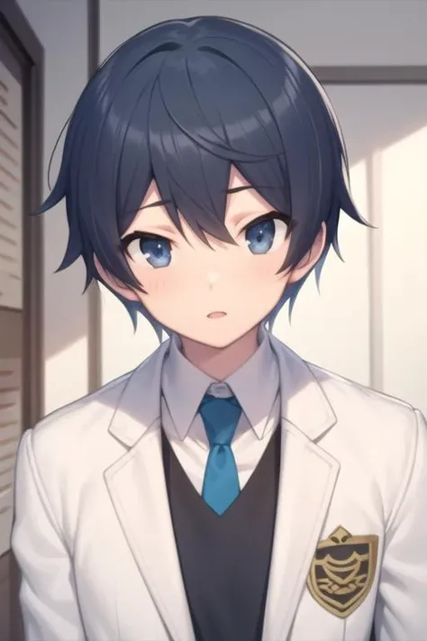 masterpiece, best quality, high quality, 1boy, solo, male focus, looking at viewer, upper body, <lora:touya_mochizuki:0.64>, touya_mochizuki, black hair, blue hair, , school uniform