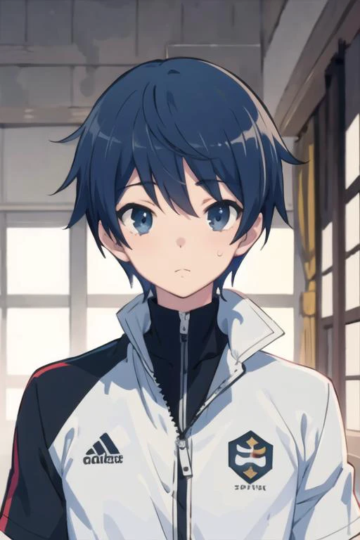 masterpiece, best quality, high quality, 1boy, solo, male focus, looking at viewer, upper body, <lora:touya_mochizuki:0.70>, touya_mochizuki, black hair, blue hair, , sportswear