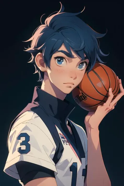 masterpiece, best quality, high quality, 1boy, solo, male focus, looking at viewer, upper body, <lora:touya_mochizuki:0.54>, touya_mochizuki, black hair, blue hair, , basketball uniform