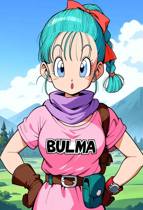 bulma \(dragonball\), 1girl, eyebrows, solo, holster looking at viewer, blue eyes, shirt, gloves, bow, ribbon, aqua hair, hair ribbon, braid, outdoors, sky, day, belt, cloud, bag, scarf, :o, character name, blue sky, hand on hip, single braid, cloudy sky, wristband, pink dress, clothes writing, brown gloves, single glove, pink shirt, hands on hips, watch, braided ponytail, mountain, wristwatch, purple scarf, fanny pack, short sleeves, upper body, eyelashes
<lora:bulmaDragonBall:0.7>