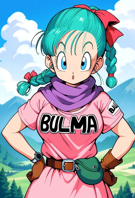 bulma \(dragonball\), 1girl, eyebrows, solo, holster looking at viewer, blue eyes, shirt, gloves, bow, ribbon, aqua hair, hair ribbon, braid, outdoors, sky, day, belt, cloud, bag, scarf, :o, character name, blue sky, hand on hip, single braid, cloudy sky, wristband, pink dress, clothes writing, brown gloves, single glove, pink shirt, hands on hips, watch, braided ponytail, mountain, wristwatch, purple scarf, fanny pack, short sleeves, upper body, eyelashes
<lora:bulmaDragonBall:0.7>