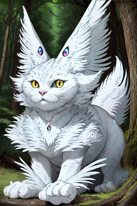 <lora:angelicgaze:0.75> masterpiece, best quality, ultra high res, beautiful, visually stunning, incredible details, w1ngs, extra eyes, fluffy white cat, forest, trees