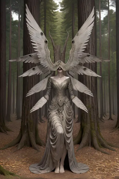 <lora:angelicgaze:0.75> masterpiece, best quality, ultra high res, beautiful, visually stunning, elegant, incredible details, w1ngs, faceless, extra eyes, full body, relaxed pose, 1girl, nature, forest,