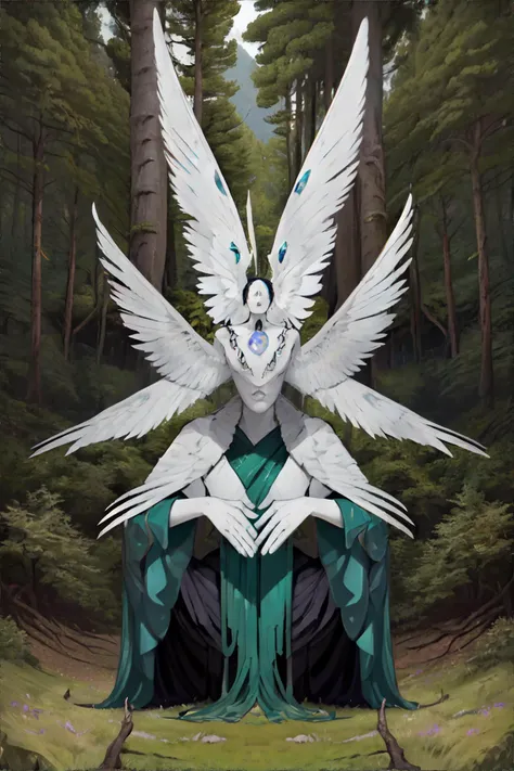 <lora:angelicgaze:0.75> masterpiece, best quality, ultra high res, beautiful, visually stunning, elegant, incredible details, w1ngs, faceless, extra eyes, full body, relaxed pose, 1girl, nature, forest,