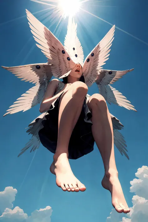 masterpiece, best quality, ultra high res, beautiful, visually stunning, elegant, incredible details,   <lora:w1ngs - Face Wings-000008:0.8>, w1ngs, extra eyes, faceless, covered eyes, mouth,  full body, floating, sky, clouds, (god rays:1.2), light rays, from below, barefoot,