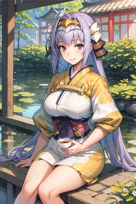 1girl, masterpiece, best quality, highly detailed, illustration, senhime, outdoors, east asian architecture, garden, pond, sitting, tea, japanese clothes, light smile, <lora:SenhimeRance:0.65>