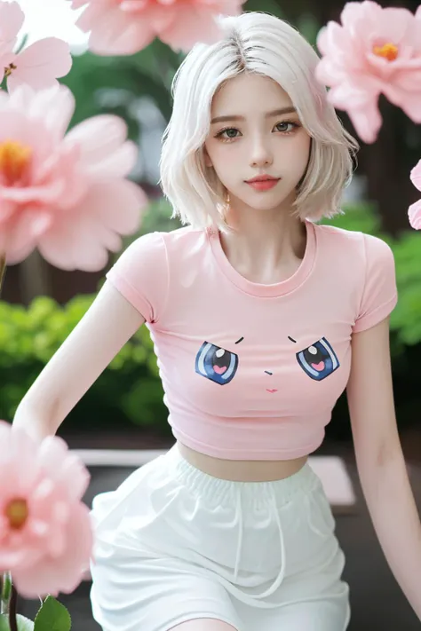 1 girl, cowboy shot, (pink flowers, pink filed:1.2), (soft focus:1.5) on the Foreground, (Bokeh-filled Foreground:1.2), Shallow Depth of Field, Delicate Blur, Subtle Transitions, Depth and Atmosphere, masterpiece,ultra realistic,32k,extremely detailed CG unity 8k wallpaper, best quality
BREAK
1 girl, white hair, short hair
BREAK
1 girl, (Pokemon crop top), <lora:Pokemon_croptop:1:MIDD>
BREAK
1 girl, (white skirt:1.2)