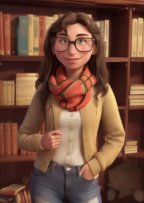 an italian nerdy geeky girl, wearing squared eyeglasses, curly untidy brown hair, a long scarf, oversized jacket, inside a library, bookshelves on the background, natural light, sweet