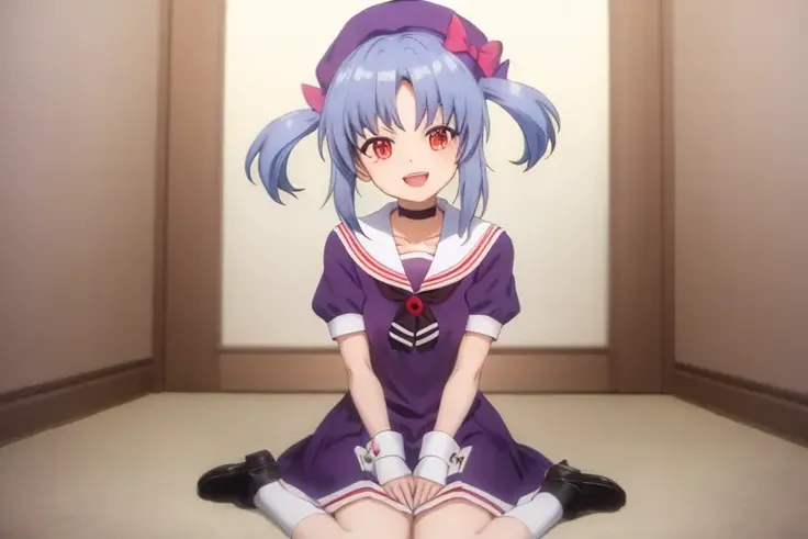 masterpiece, best quality, <lora:alis:0.5>, alis, alis_idol, full body, sitting, blue hair, smile, holding, open mouth, short sleeves, bow, hat, white sailor collar, twintails, choker, wrist cuffs, sailor collar, shiny, bangs, puffy short sleeves, sidelocks, shiny hair, red eyes, puffy sleeves, black choker, collarbone, purple headwear, dress, beret, purple shirt, :d, hat bow, shirt, sailor dress, parted bangs, pink bow, frills, necktie, short hair, purple dress, school uniform