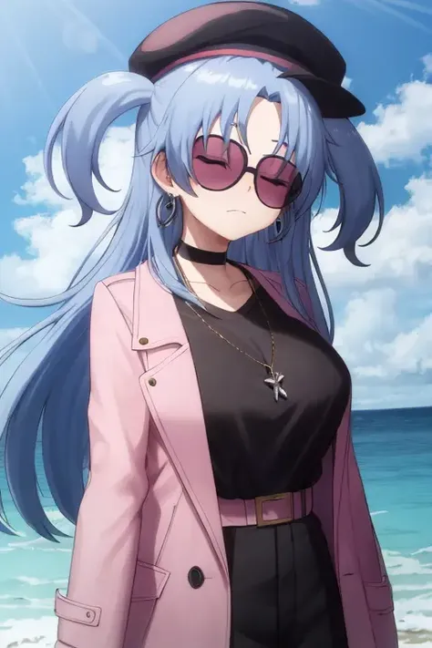 masterpiece, best quality, <lora:alis:0.5>, alis, alis_big, 1girl, solo, hat, blue hair, long hair, jacket, sunglasses, closed eyes, two side up, pink jacket, black headwear, choker, long sleeves, closed mouth, shirt, beret, black shirt, open jacket, open clothes, jewelry, earrings, large breasts, ocean,