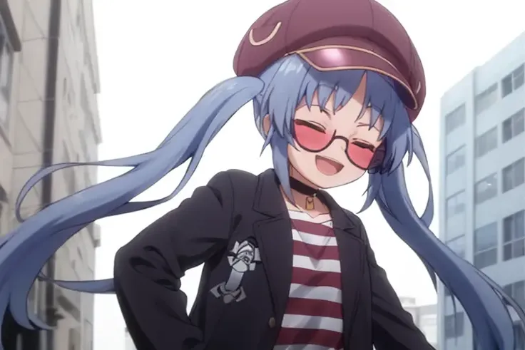 masterpiece, best quality, <lora:alis:0.5>, alis, alis, alis_normal, 1girl, solo, closed eyes, blue hair, brown headwear, hat, open mouth, smile, twintails, v, striped, shirt, striped shirt, sunglasses, choker, round eyewear, long sleeves, :d, open clothes, facing viewer, virtual youtuber, jacket, sidelocks, cabbie hat, long hair, bangs, black choker, coat, labcoat, tinted eyewear
