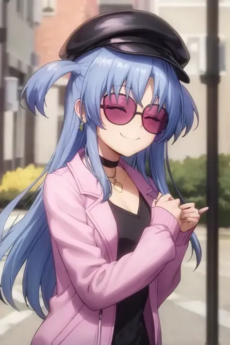 masterpiece, best quality, <lora:alis:0.5>, alis, alis_big, 1girl, solo, hat, smile, blue hair, long hair, jacket, sunglasses, closed eyes, two side up, pink jacket, black headwear, choker, long sleeves, closed mouth, shirt, beret, black shirt, open jacket, upper body, open clothes, jewelry