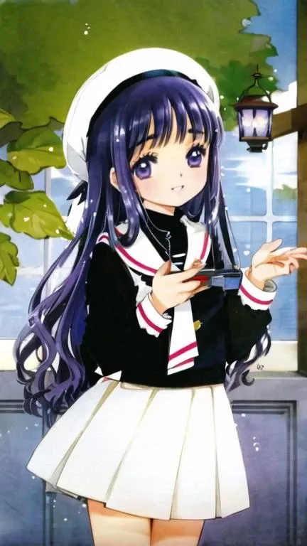 masterpiece, best quality,,tomoyo,1girl, daidouji tomoyo, skirt, solo, long hair, flower, school uniform, white skirt, morning glory, white headwear, bangs, holding, hat, pleated skirt, tomoeda elementary school uniform, blunt bangs, looking at viewer, black shirt, shirt, long sleeves, cowboy shot, purple flower, smile, blue flower, blush, blue eyes, serafuku, closed mouth, white sailor collar, holding camera, sailor collar, camera, purple eyes, very long hair, standing, beret, purple hair, hydrangea, black hair, miniskirt, head tilt, neckerchief, leaf, hands up, brown hair, (rich:1.5), room, <lora:clamp128dim-epoch-000006:0.8>, <lora:TomoyoDaidoji-128:1>