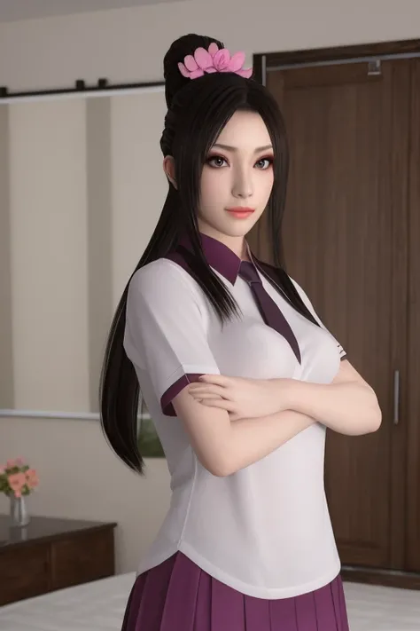 masterpiece, best quality,DiaoChan,looking_at_viewer,hair_flower,room,pose,3d,realistic,upper body, nude,makeup,school uniform, 
 <lora:DiaoChan_v3:0.5>