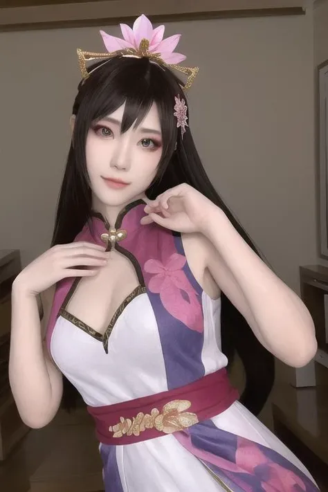 masterpiece, best quality,DiaoChan,looking_at_viewer,hair_flower,room,pose,upper body,makeup,chinese_clothes,jewelry,dress,gakki, realistic, cosplay,
 <lora:DiaoChan_v3:0.4>  <lora:randomCoserFaceCoser_randomCoserFace:0.8>